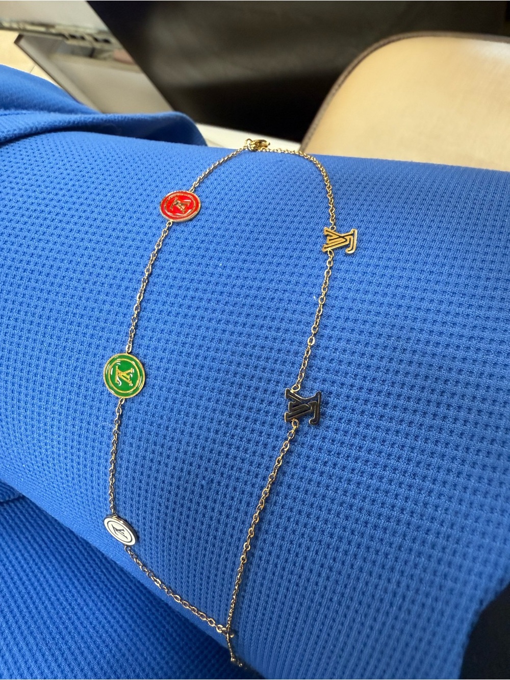 LV Gold Chain ankle bracelet with Red, Green, White & Black Enamel Charms